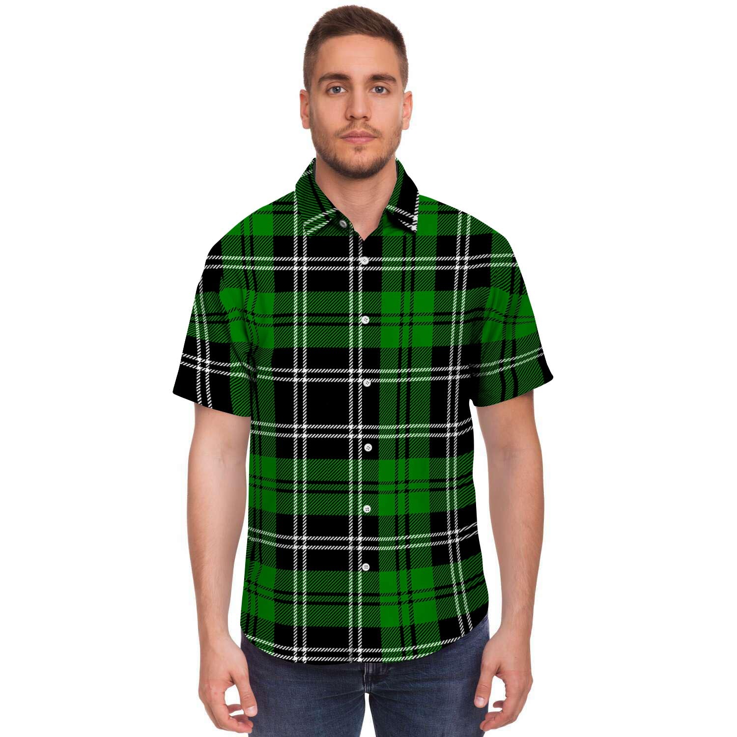 Green Plaid Tartan Print Men's Short Sleeve Shirt-grizzshop