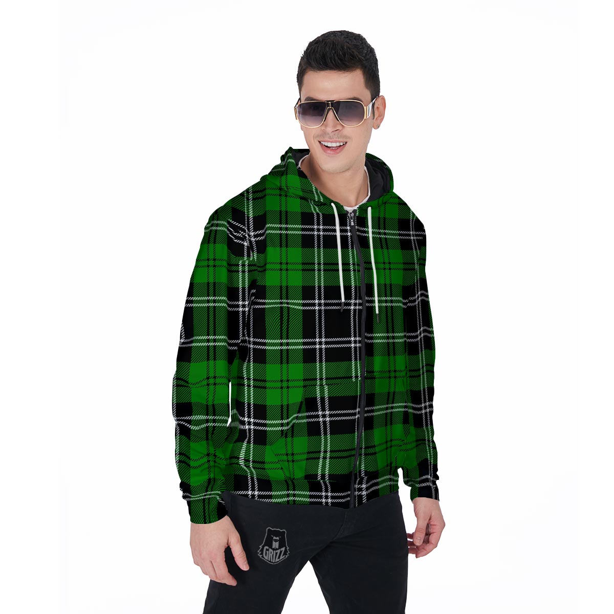 Green Plaid Tartan Print Men's Zip Up Hoodie-grizzshop