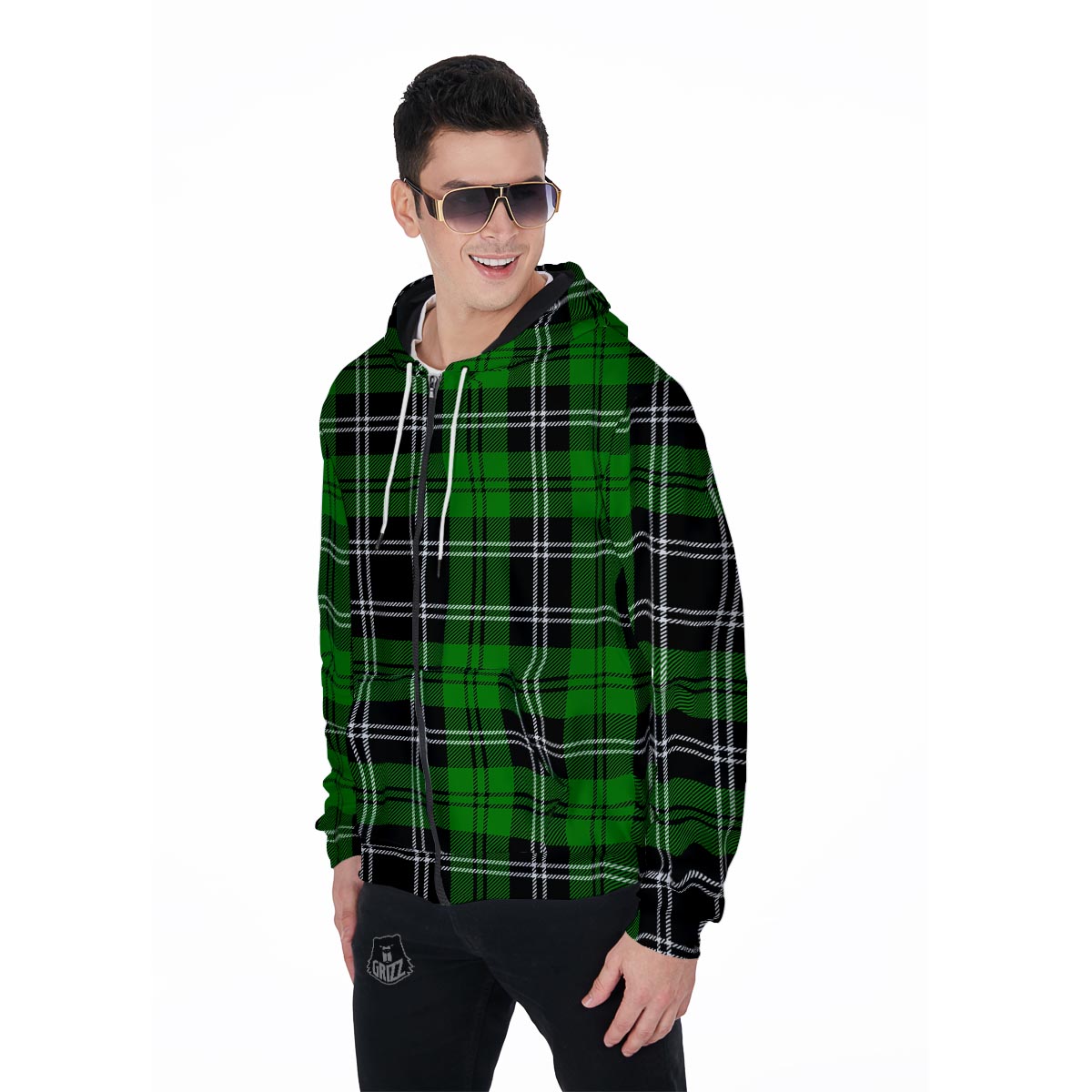Green Plaid Tartan Print Men's Zip Up Hoodie-grizzshop