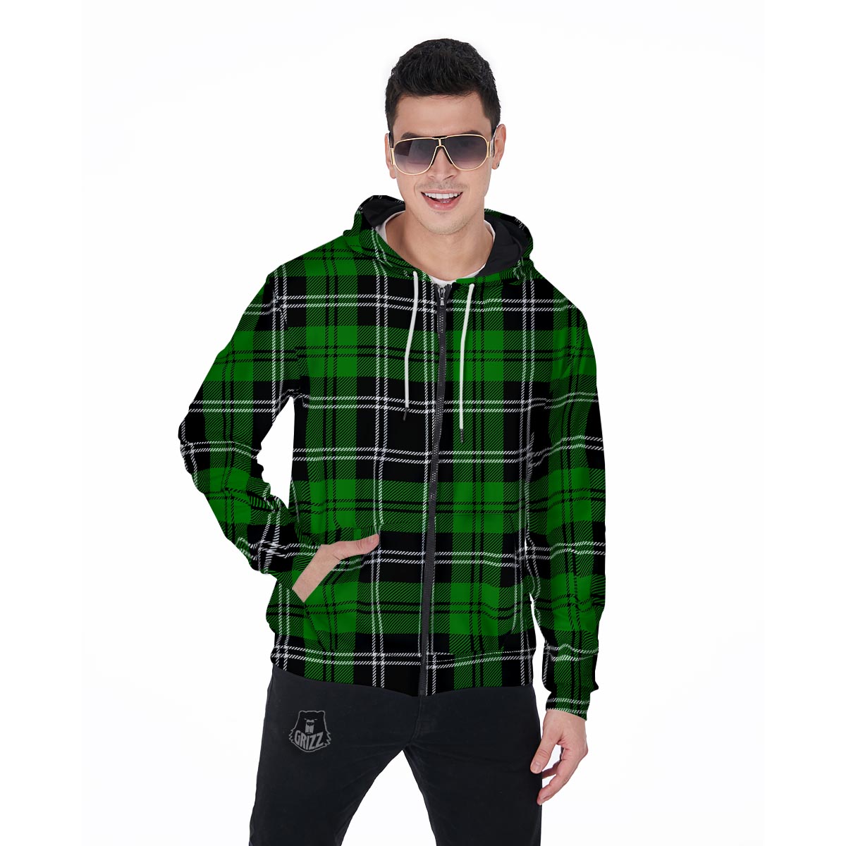 Green Plaid Tartan Print Men's Zip Up Hoodie-grizzshop