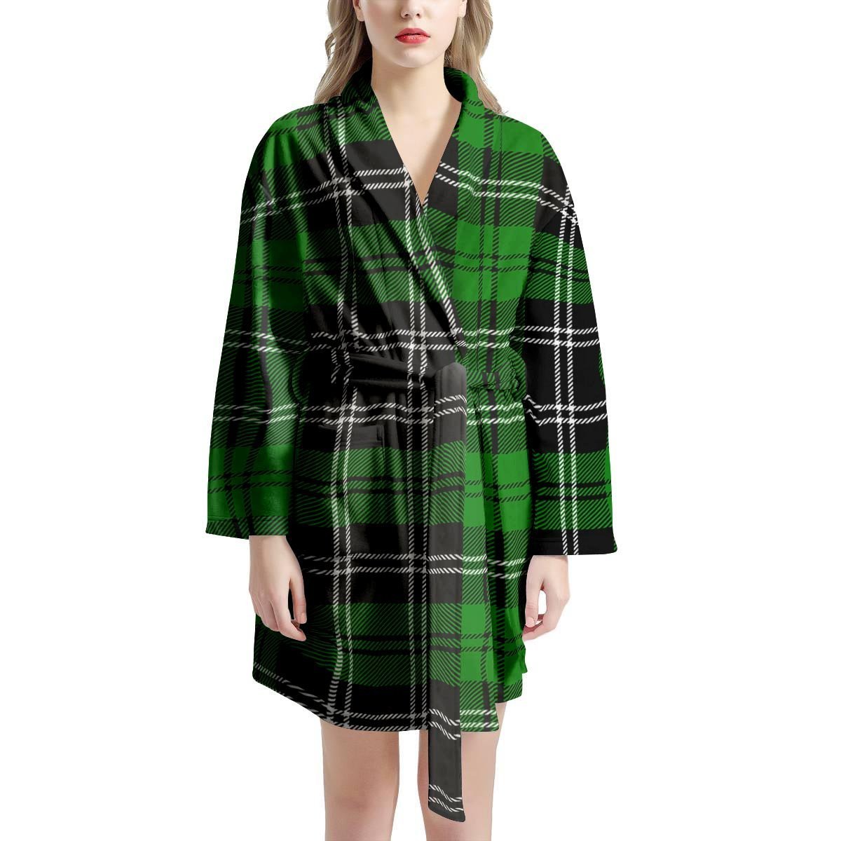 Green Plaid Tartan Print Women's Robe-grizzshop
