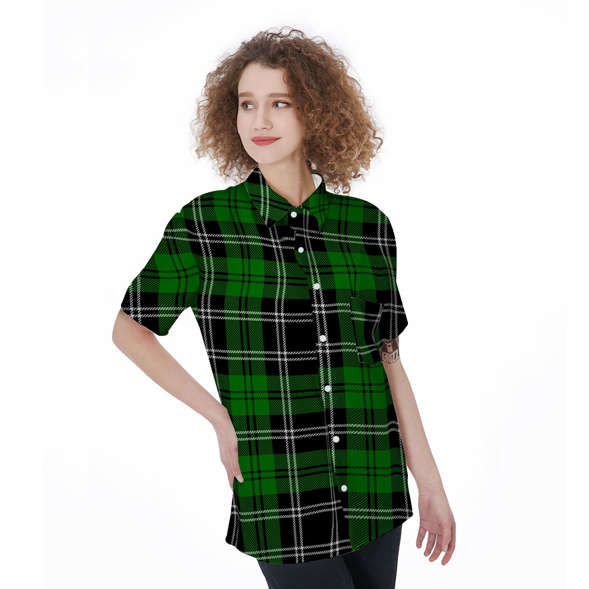 Green Plaid Tartan Print Women's Short Sleeve Shirts-grizzshop