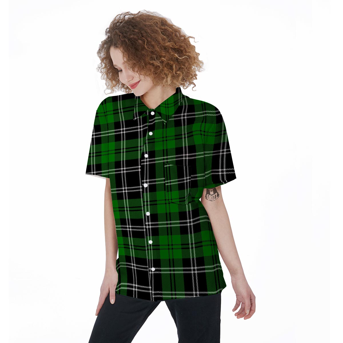 Green Plaid Tartan Print Women's Short Sleeve Shirts-grizzshop