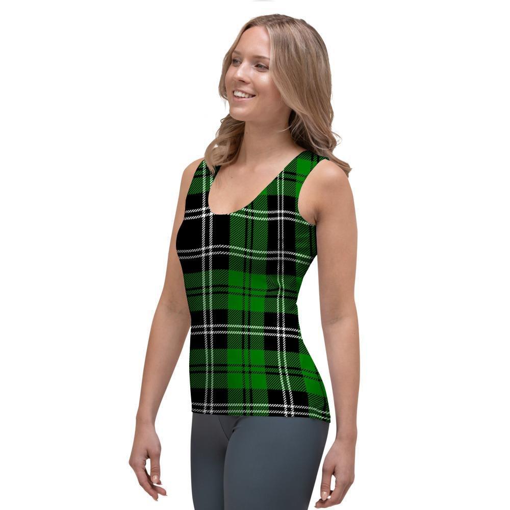 Green Plaid Tartan Print Women's Tank Top-grizzshop