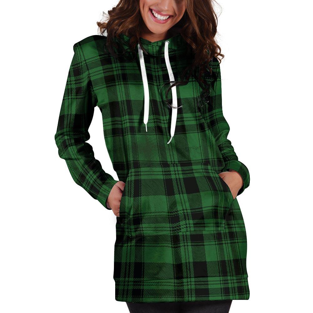 Green Plaid Tartan Sottish Hoodie Dress-grizzshop