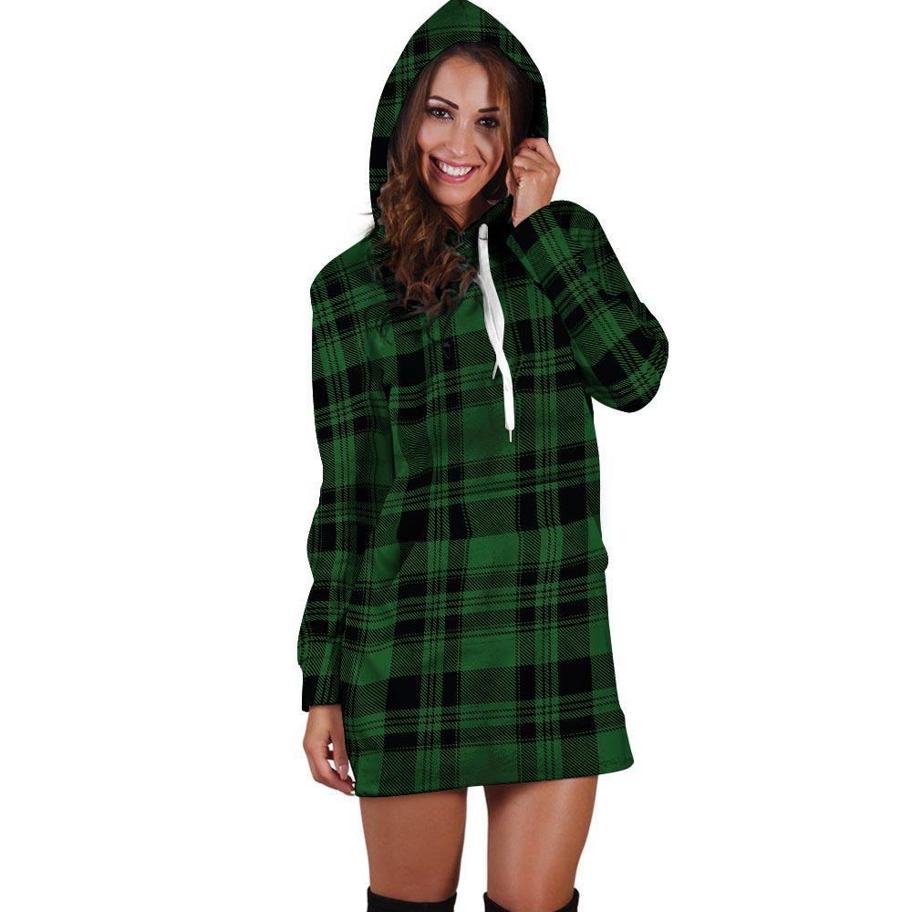 Green Plaid Tartan Sottish Hoodie Dress-grizzshop