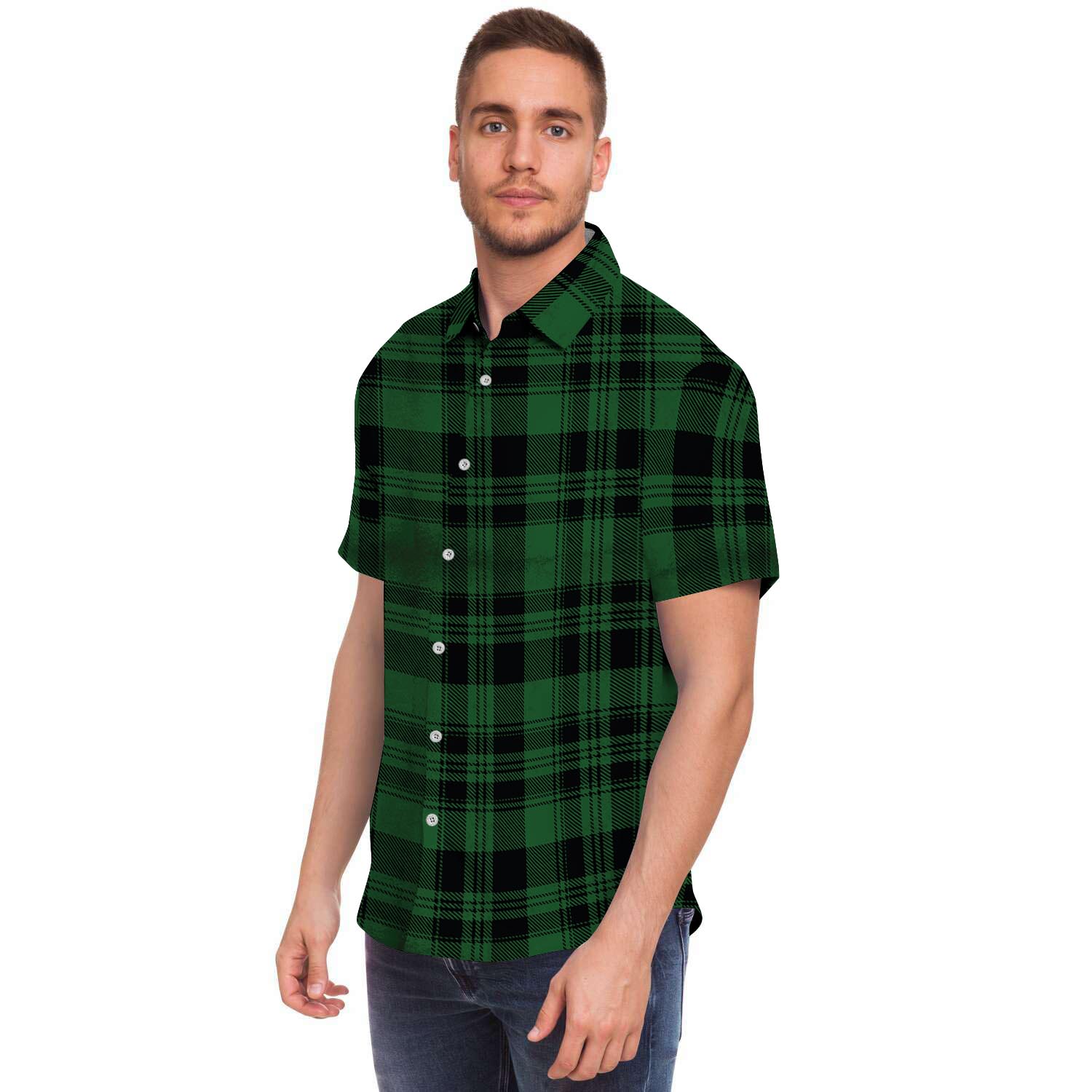 Green Plaid Tartan Sottish Men's Short Sleeve Shirt-grizzshop