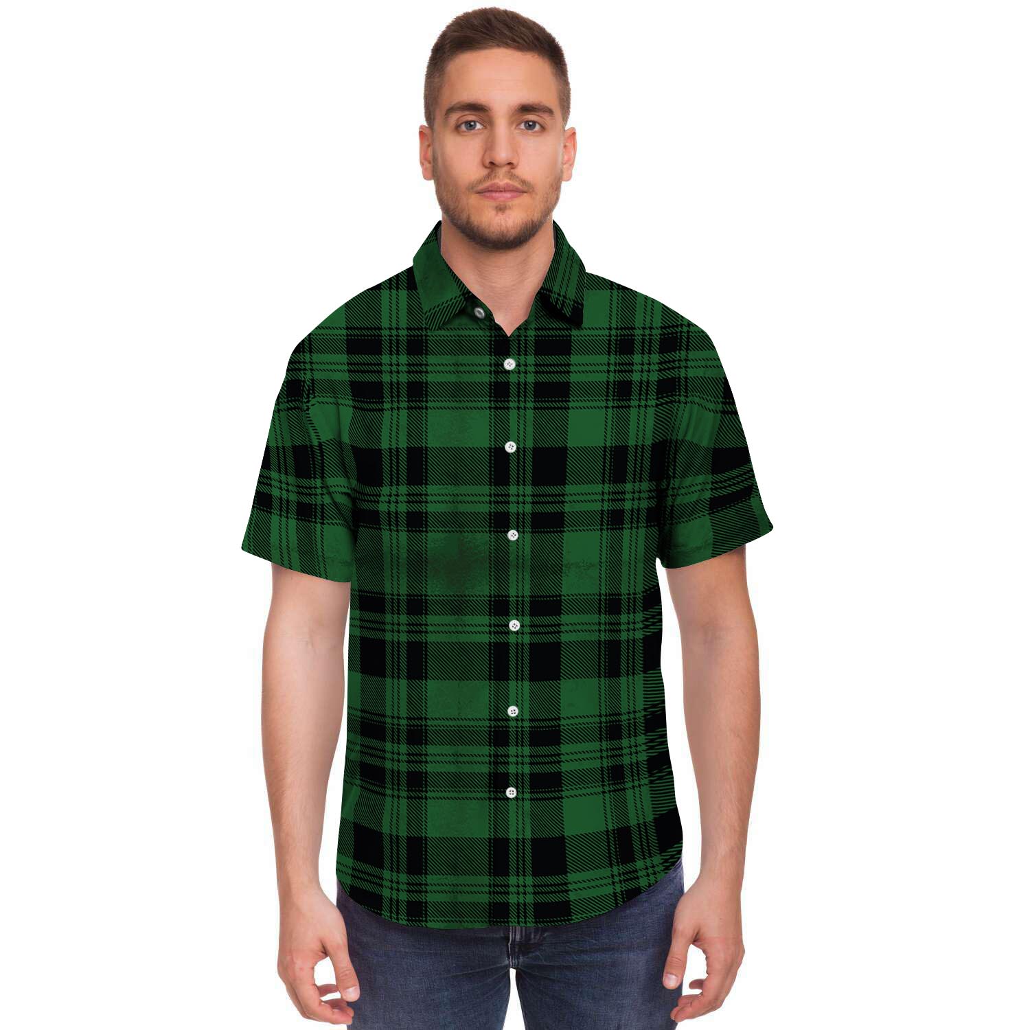 Green Plaid Tartan Sottish Men's Short Sleeve Shirt-grizzshop
