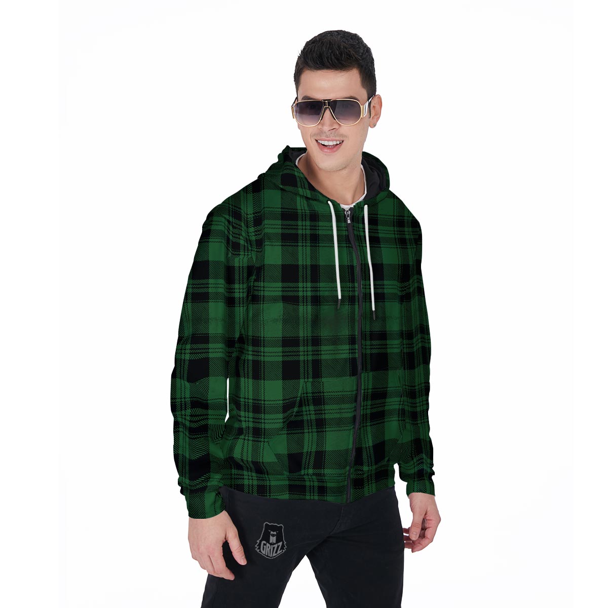 Green Plaid Tartan Sottish Men's Zip Up Hoodie-grizzshop
