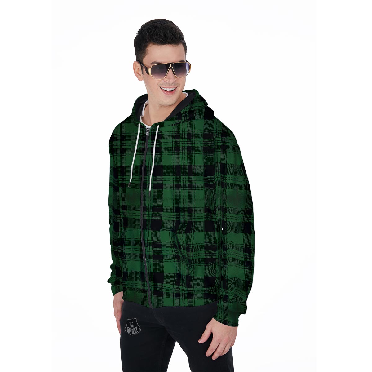 Green Plaid Tartan Sottish Men's Zip Up Hoodie-grizzshop