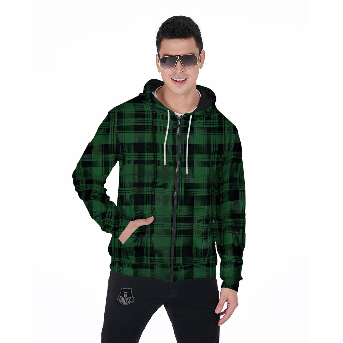 Green Plaid Tartan Sottish Men's Zip Up Hoodie-grizzshop