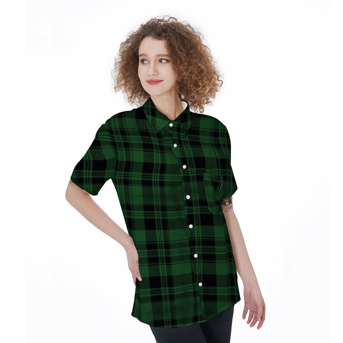 Green Plaid Tartan Sottish Women's Short Sleeve Shirts-grizzshop