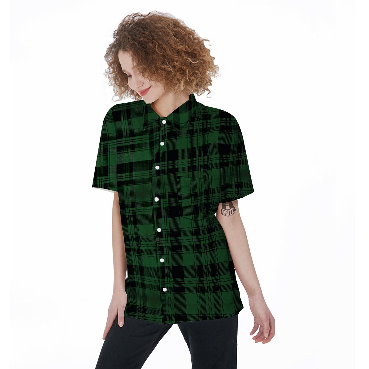 Green Plaid Tartan Sottish Women's Short Sleeve Shirts-grizzshop