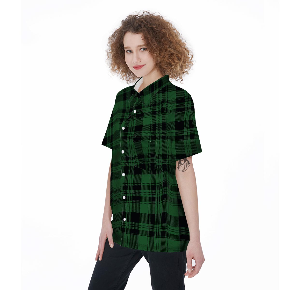 Green Plaid Tartan Sottish Women's Short Sleeve Shirts-grizzshop