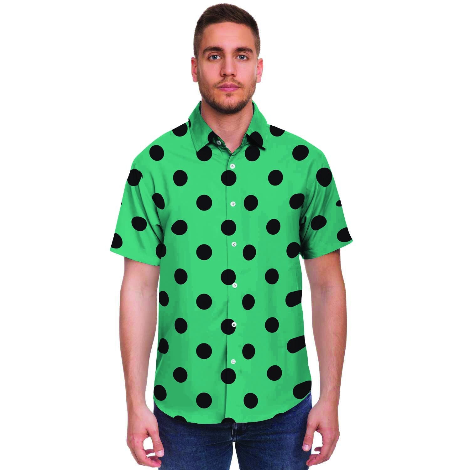 Green Polka Dot Men's Short Sleeve Shirt-grizzshop