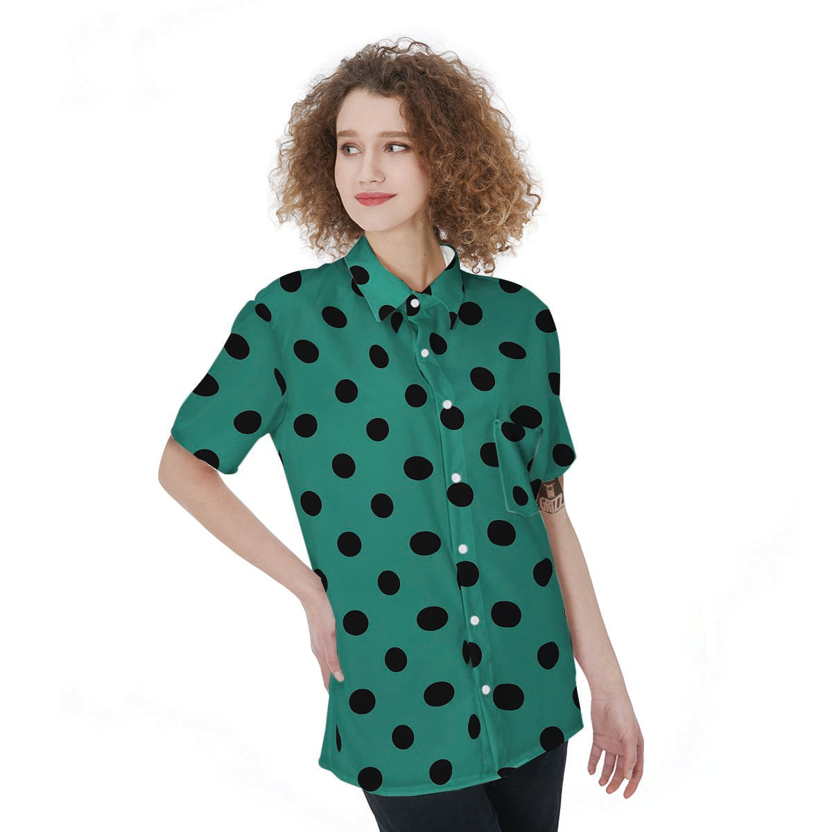 Green Polka Dot Women's Short Sleeve Shirts-grizzshop
