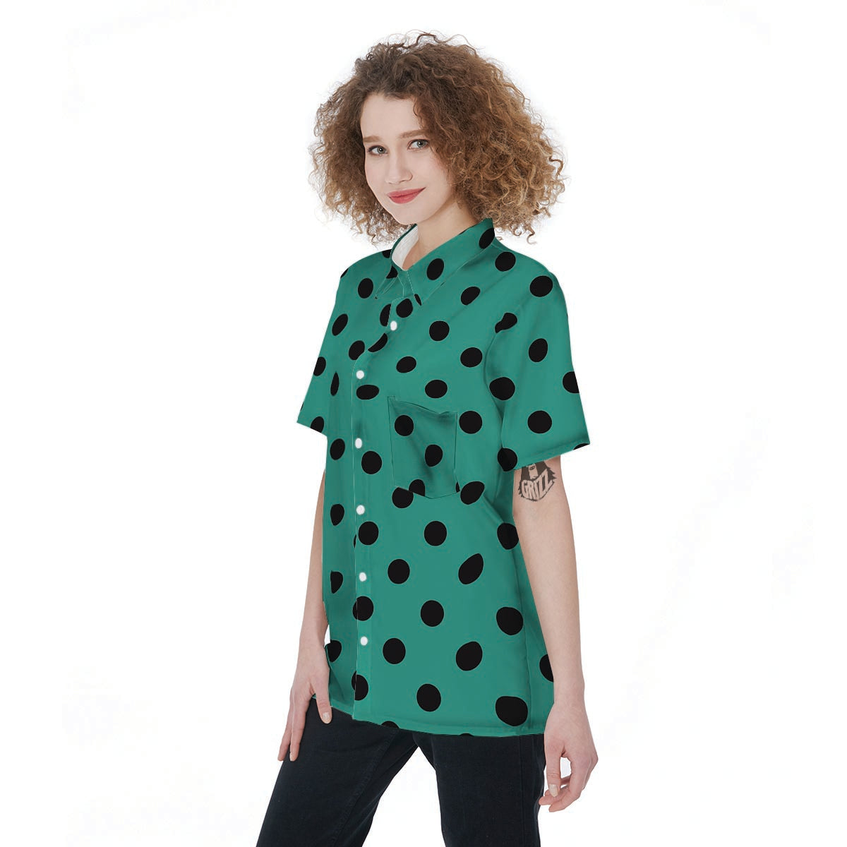 Green Polka Dot Women's Short Sleeve Shirts-grizzshop