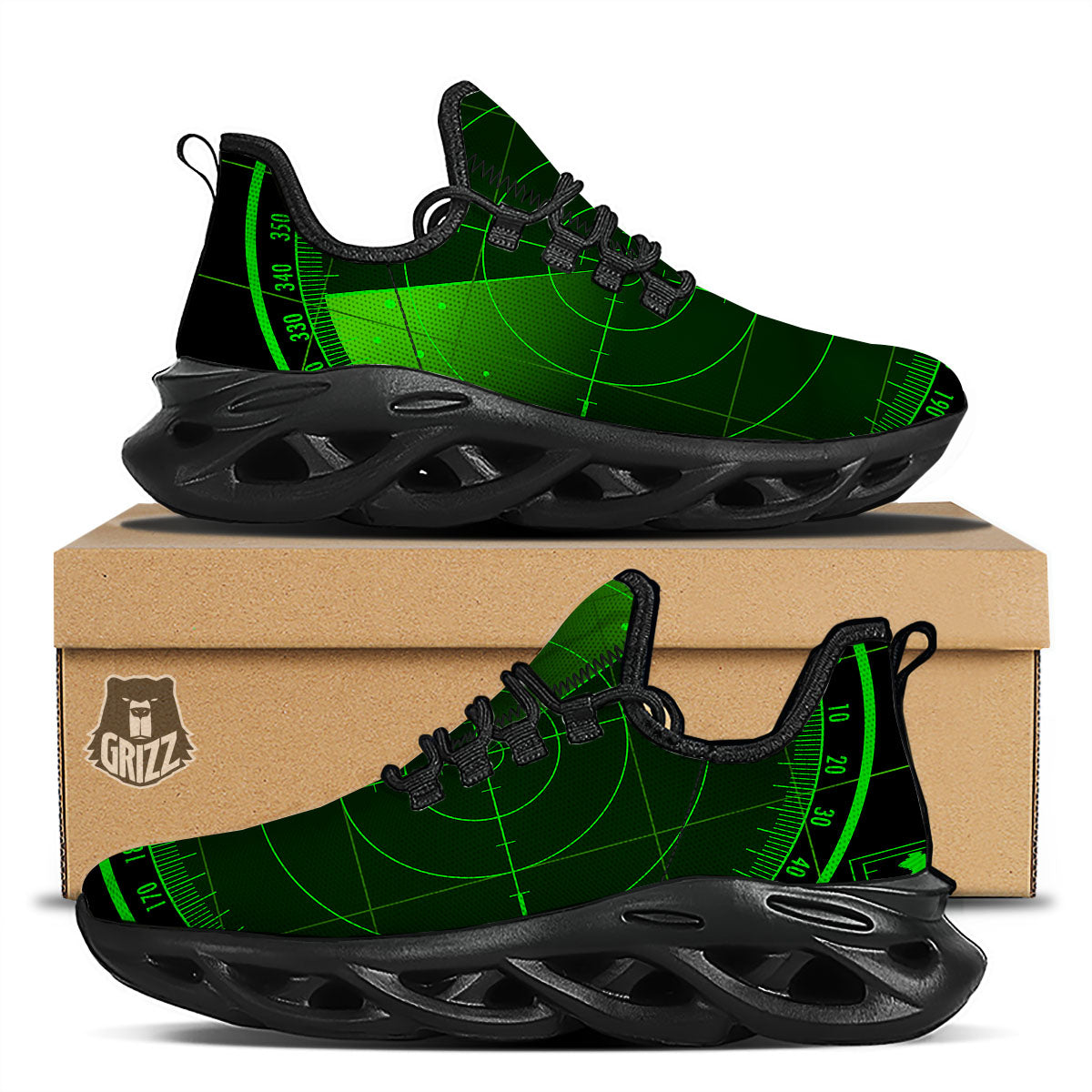 Green Radar Screen Print Black Running Shoes-grizzshop