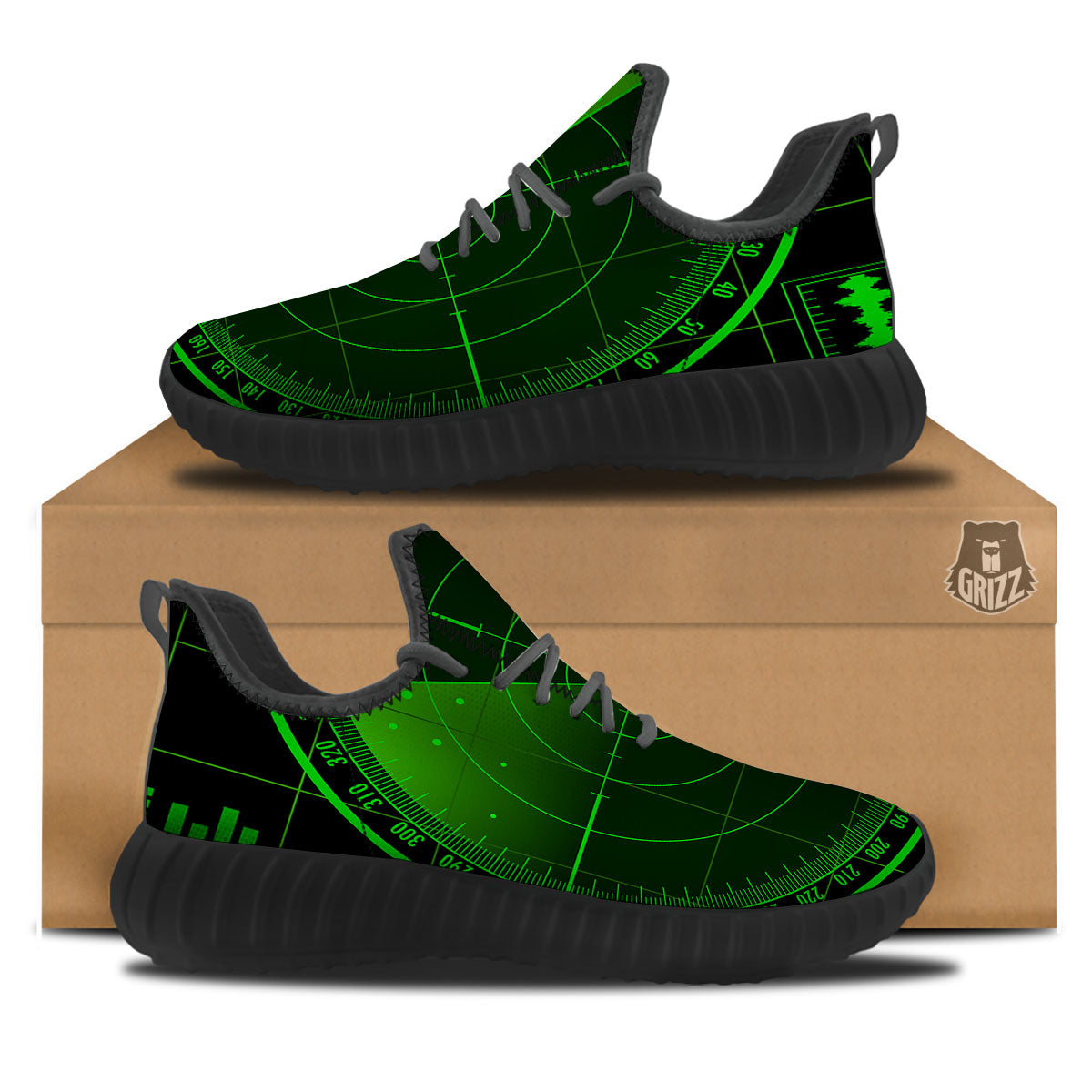 Green Radar Screen Print Black Walking Shoes-grizzshop