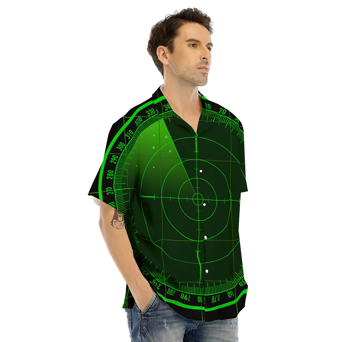 Green Radar Screen Print Men's Hawaiian Shirt-grizzshop