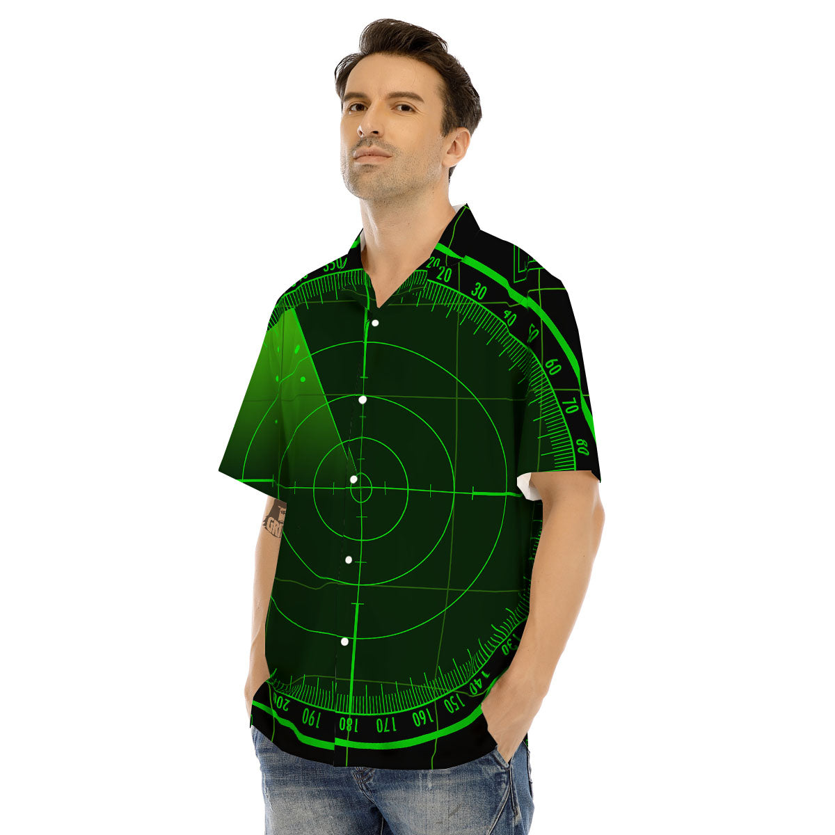 Green Radar Screen Print Men's Hawaiian Shirt-grizzshop