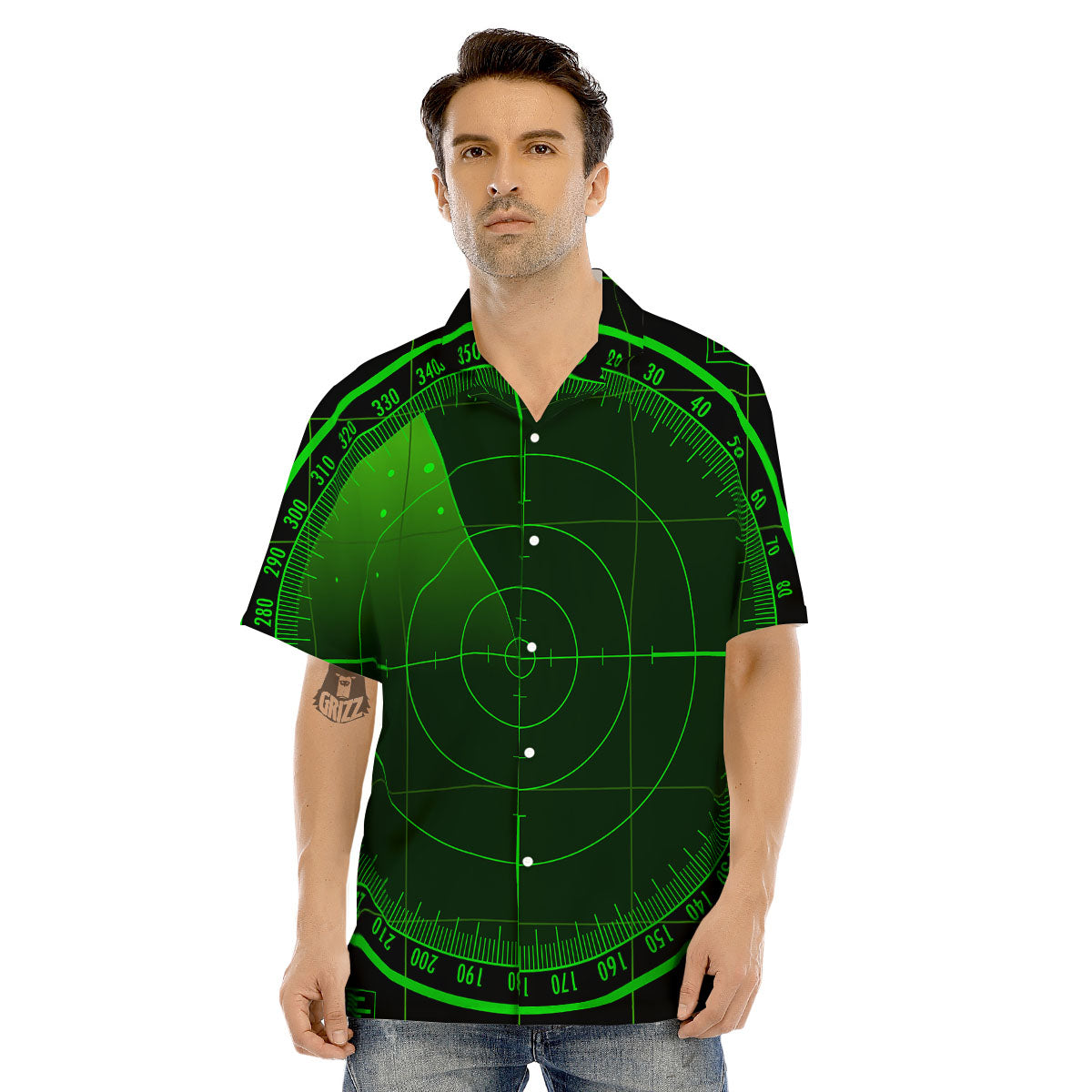 Green Radar Screen Print Men's Hawaiian Shirt-grizzshop