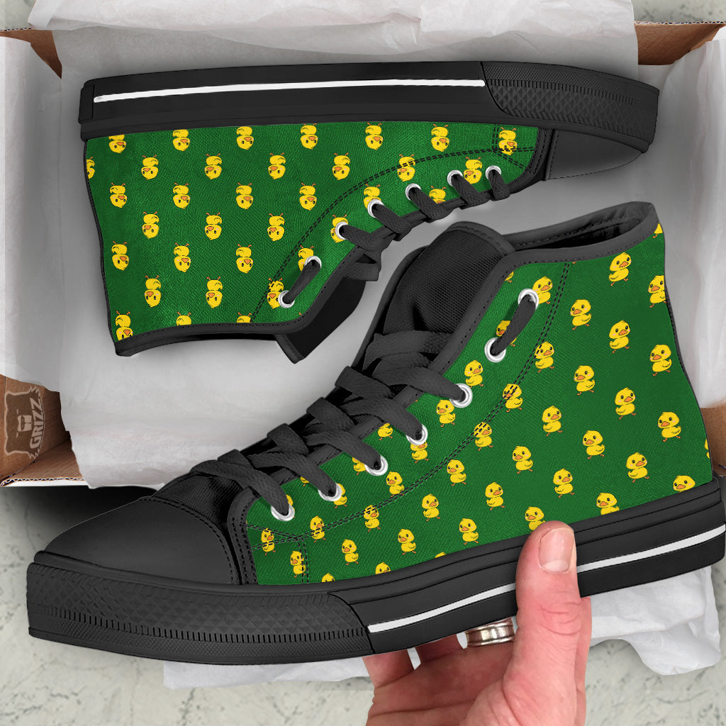 Green Rubber Duck Print Pattern Black High Top Shoes-grizzshop