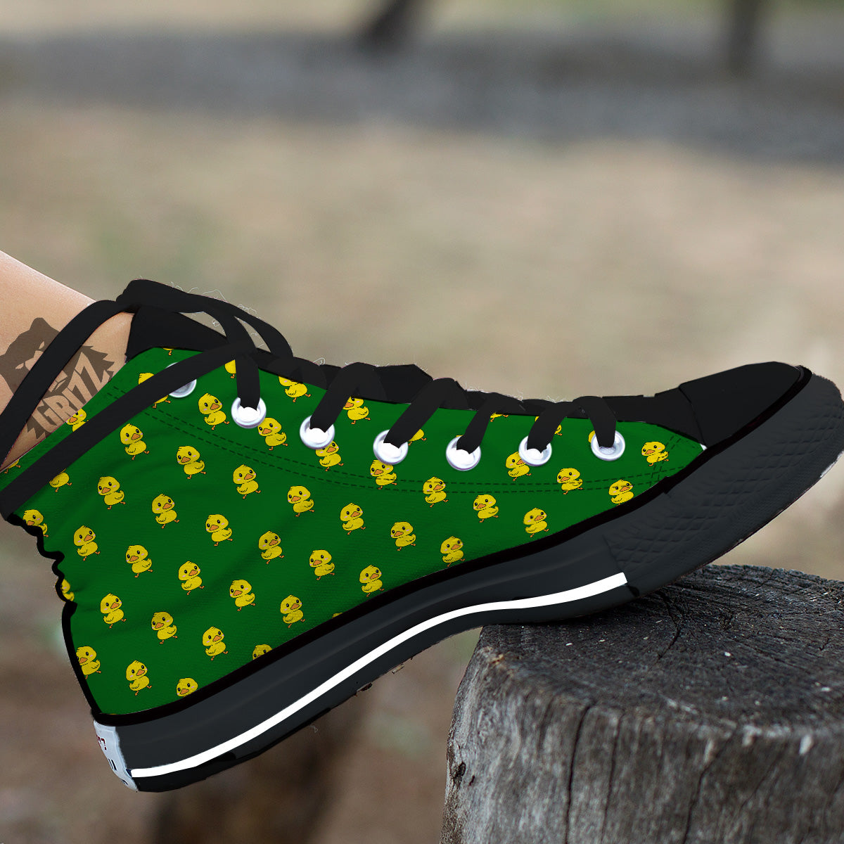 Green Rubber Duck Print Pattern Black High Top Shoes-grizzshop