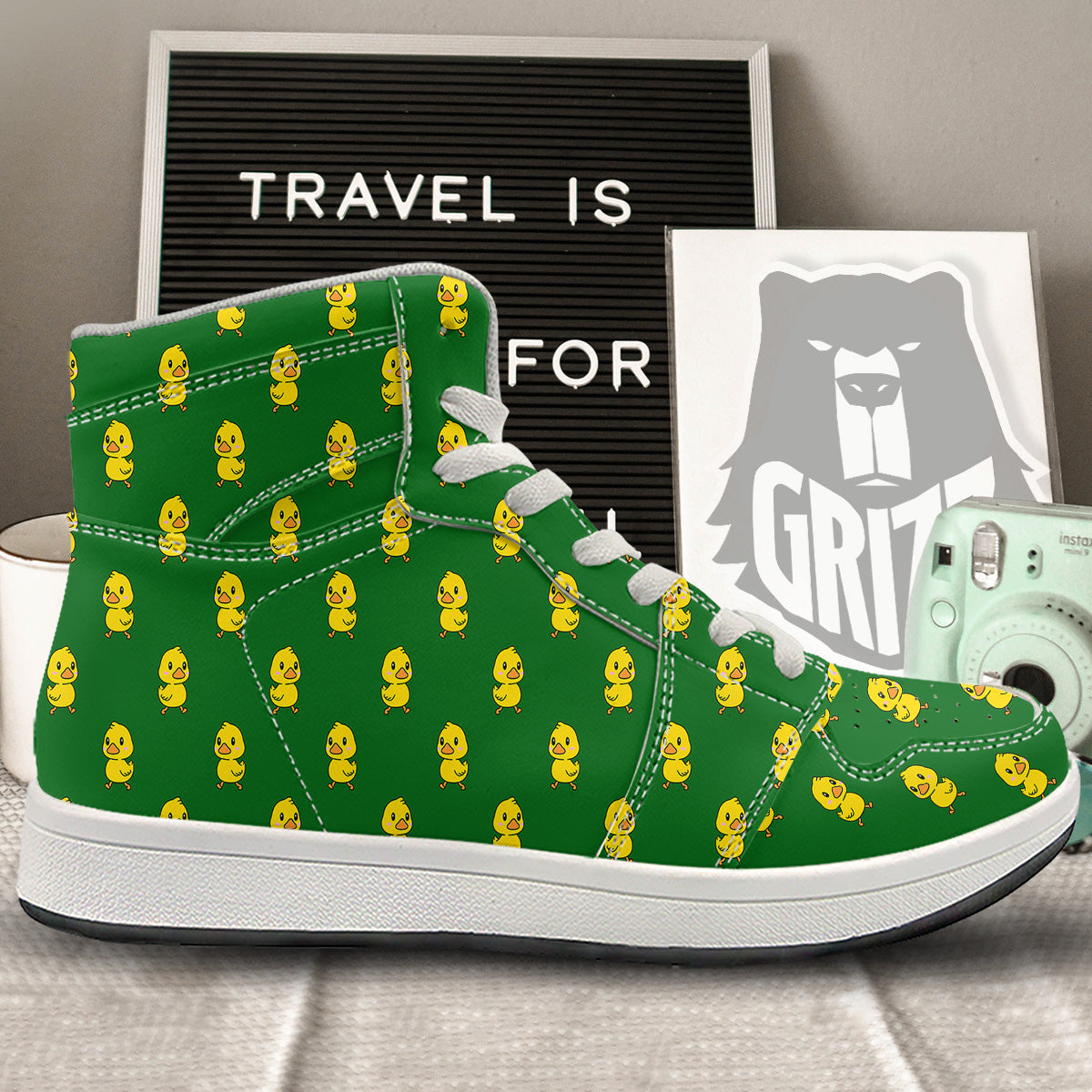 Green Rubber Duck Print Pattern High Top Sneakers-grizzshop