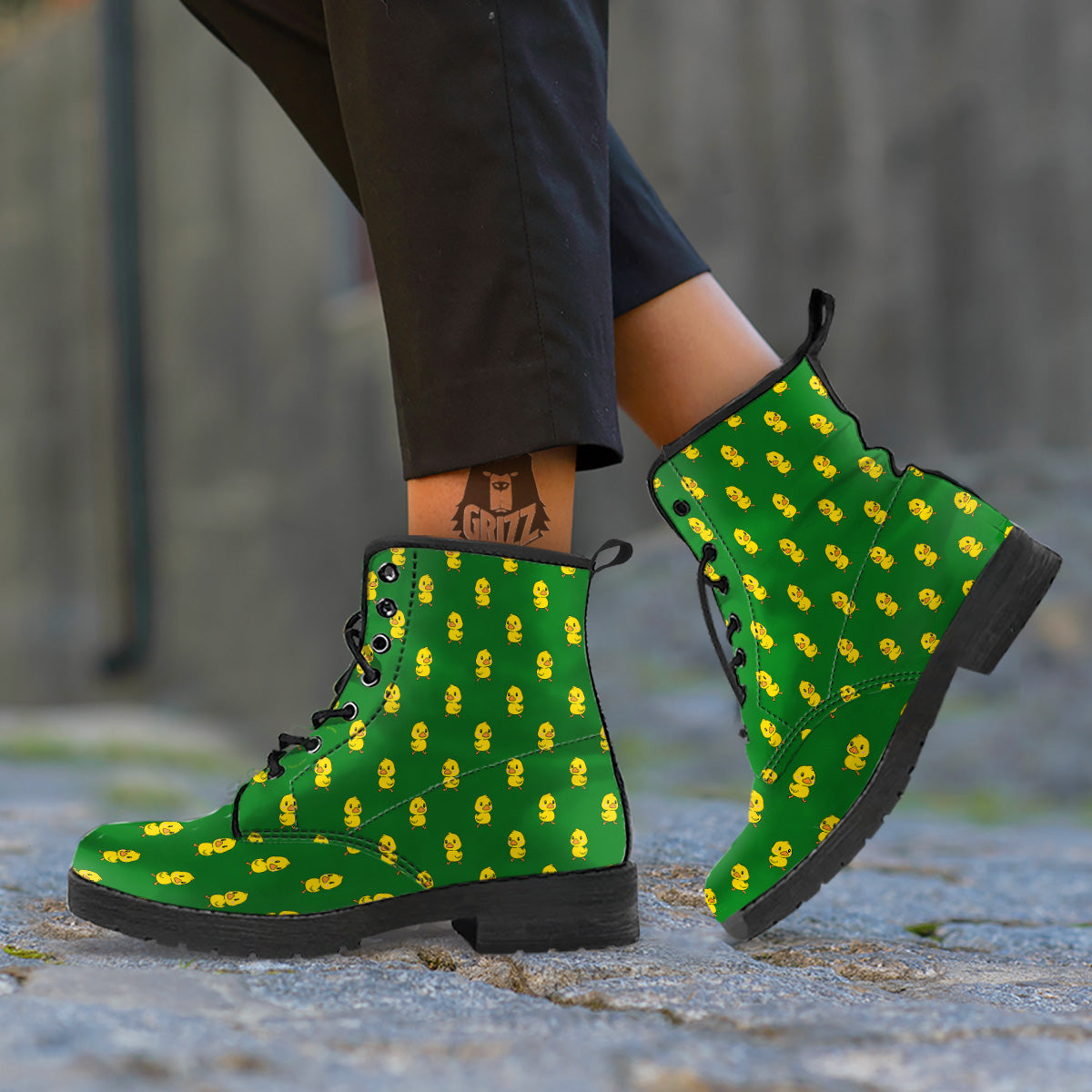 Green Rubber Duck Print Pattern Leather Boots-grizzshop