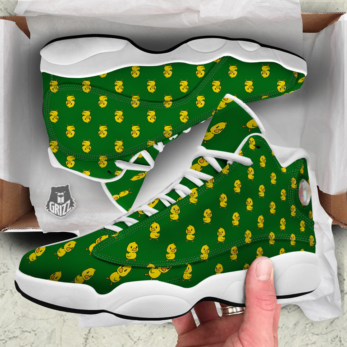 Green Rubber Duck Print Pattern White Basketball Shoes-grizzshop