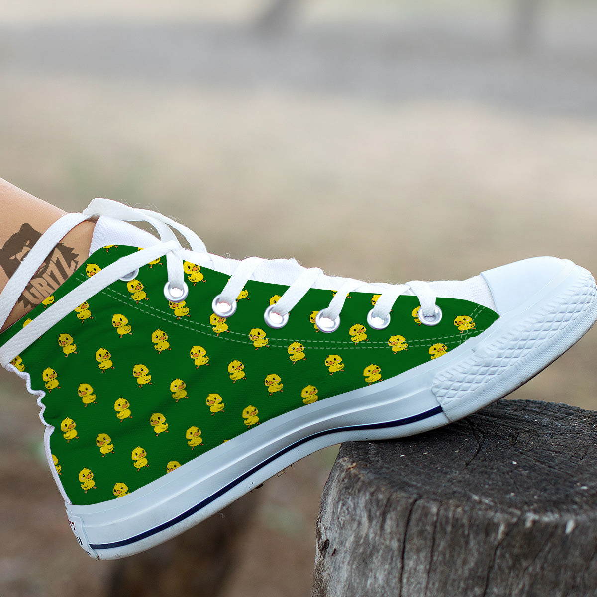Green Rubber Duck Print Pattern White High Top Shoes-grizzshop