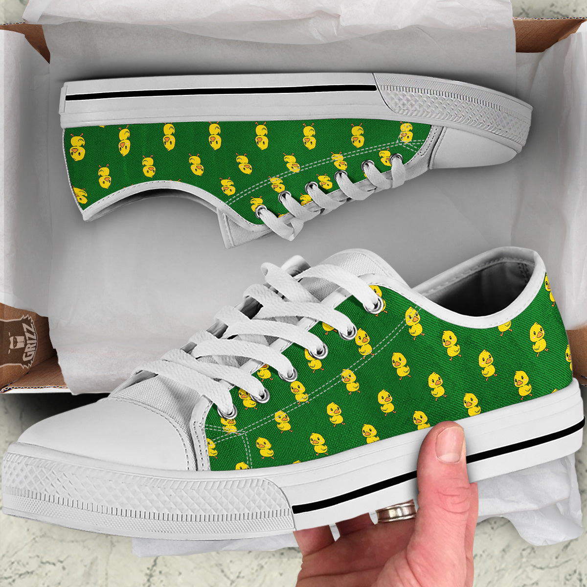 Green Rubber Duck Print Pattern White Low Top Shoes-grizzshop