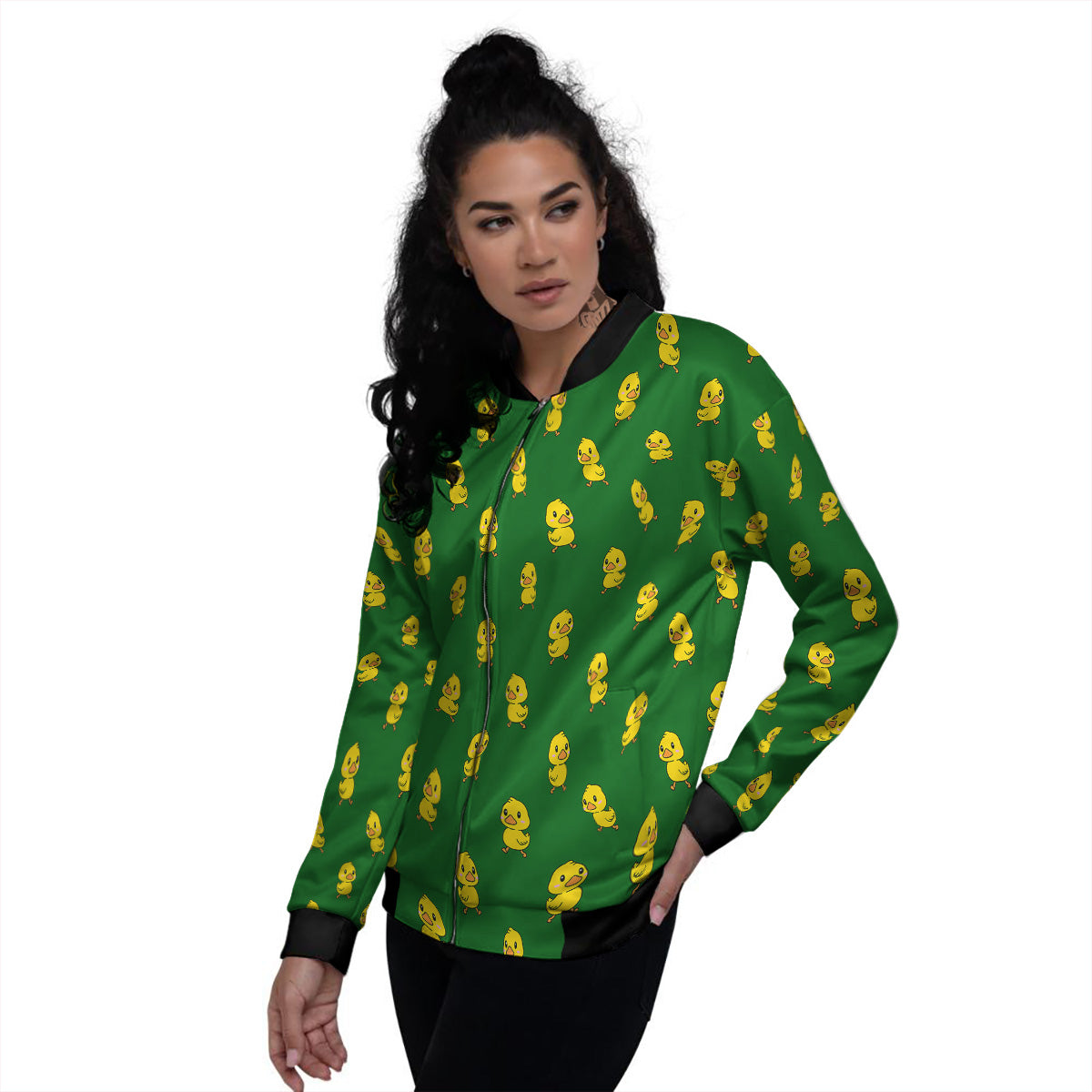 Green Rubber Duck Print Pattern Women's Bomber Jacket-grizzshop