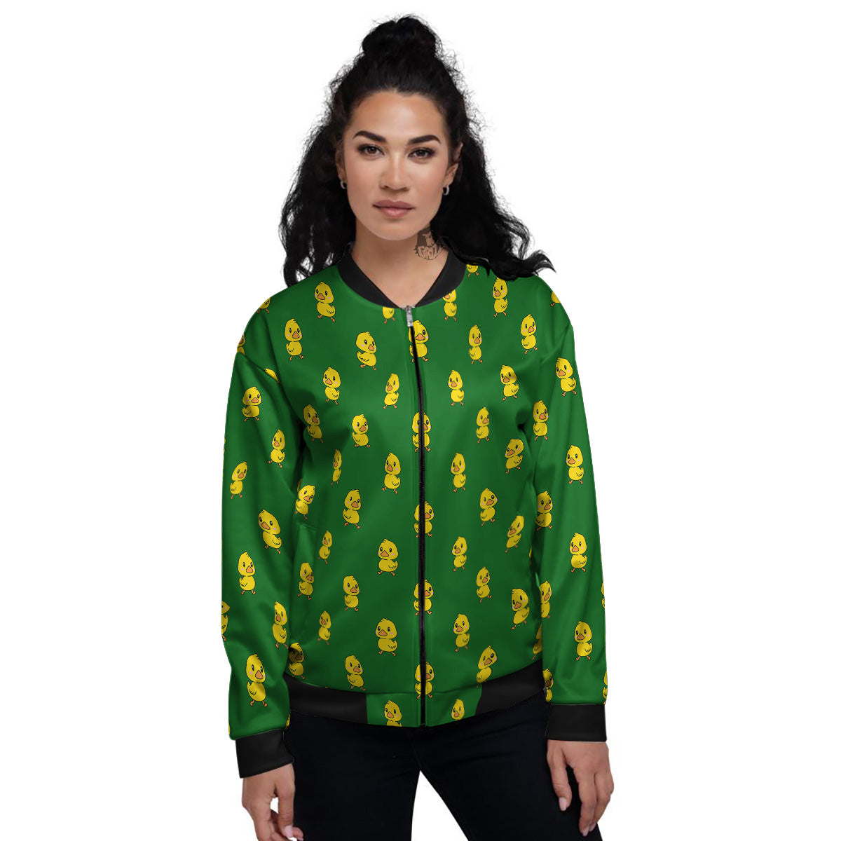 Green Rubber Duck Print Pattern Women's Bomber Jacket-grizzshop