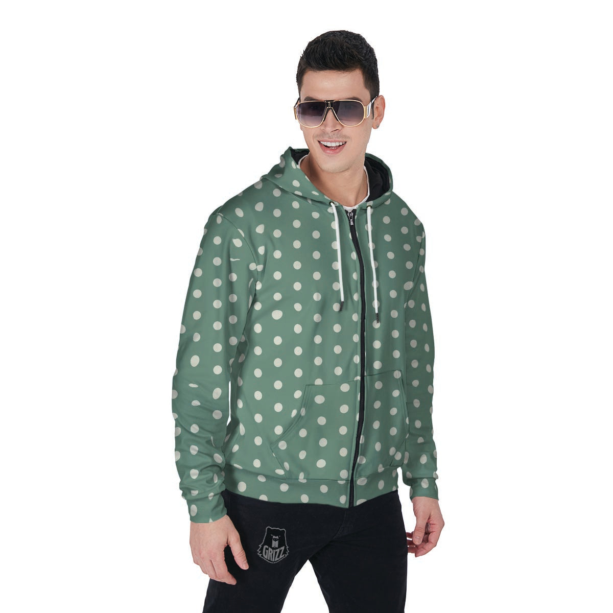 Green Sage Polka Dot Men's Zip Up Hoodie-grizzshop