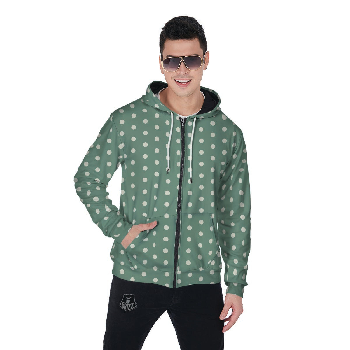 Green Sage Polka Dot Men's Zip Up Hoodie-grizzshop