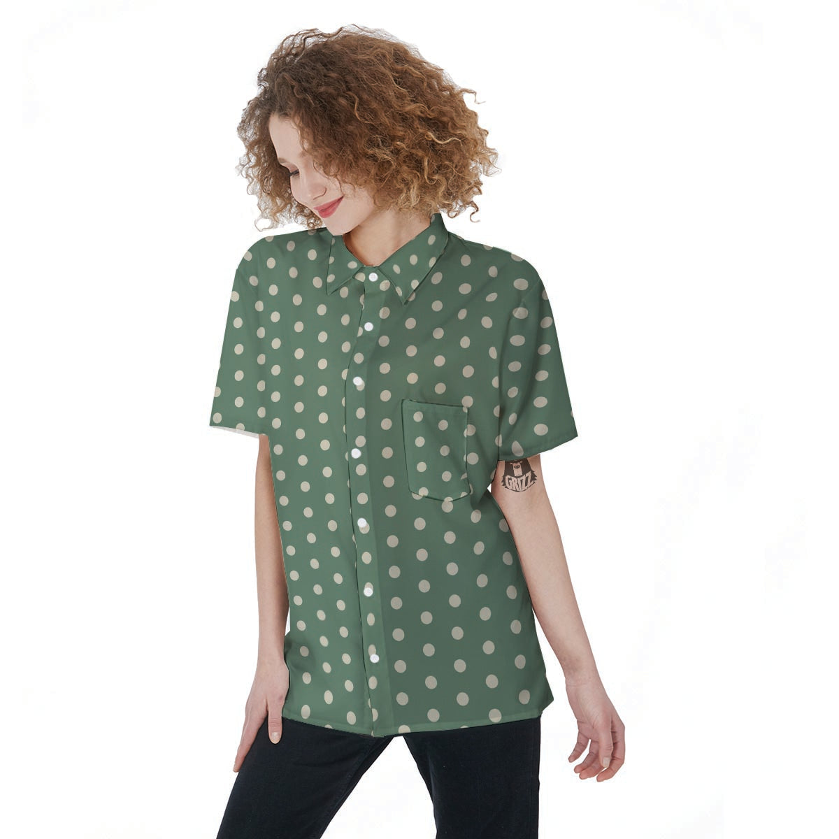 Green Sage Polka Dot Women's Short Sleeve Shirts-grizzshop