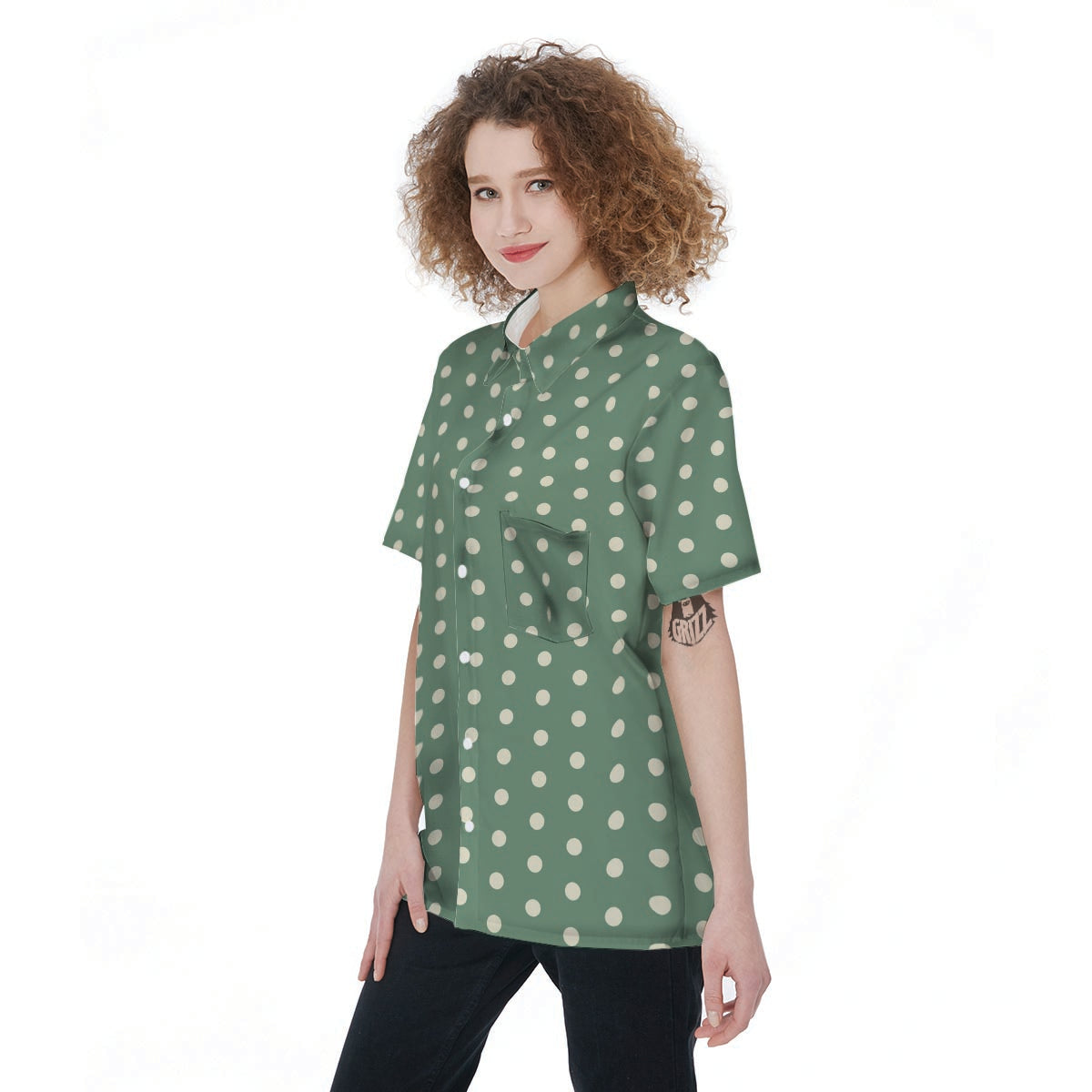 Green Sage Polka Dot Women's Short Sleeve Shirts-grizzshop