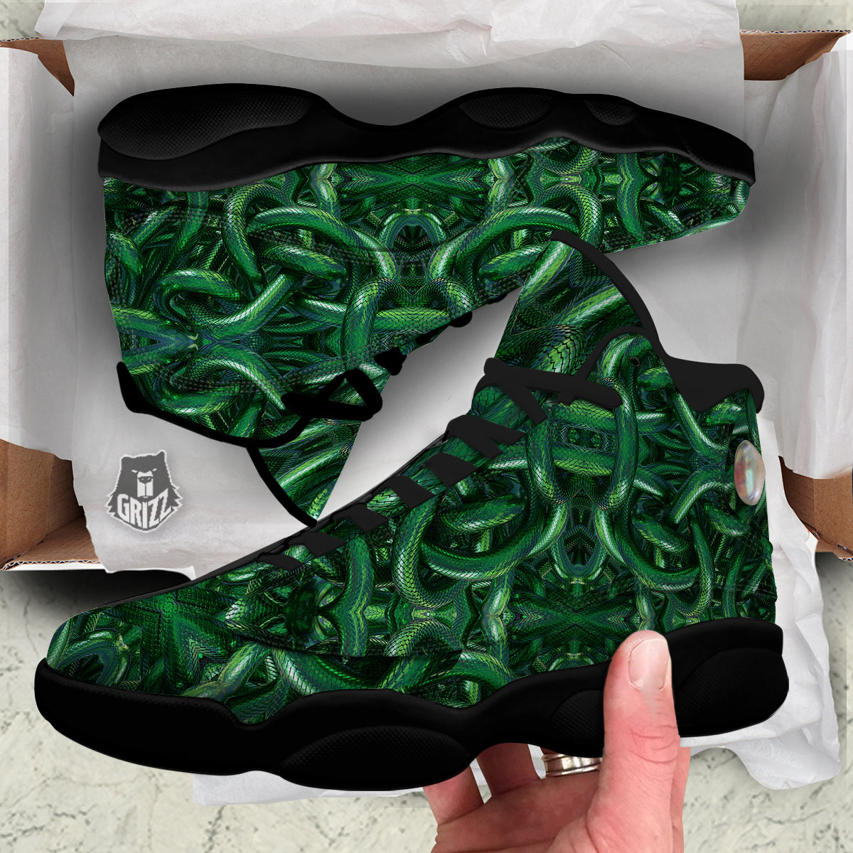 Green Snake 3D Print Pattern Black Basketball Shoes-grizzshop