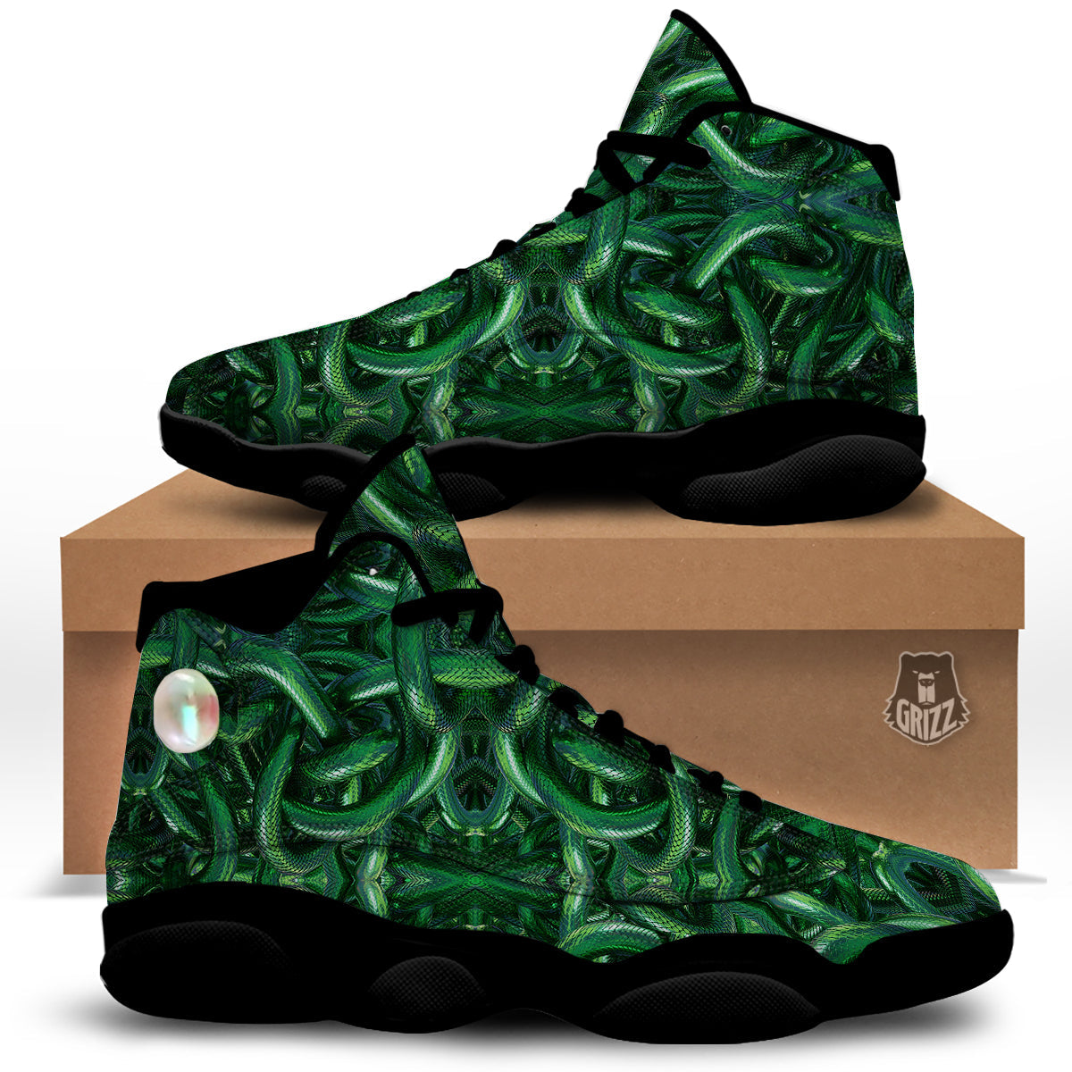 Green Snake 3D Print Pattern Black Basketball Shoes-grizzshop