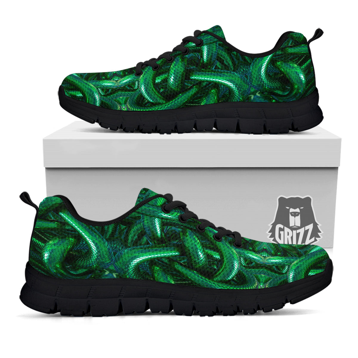 Green Snake 3D Print Pattern Black Sneaker-grizzshop