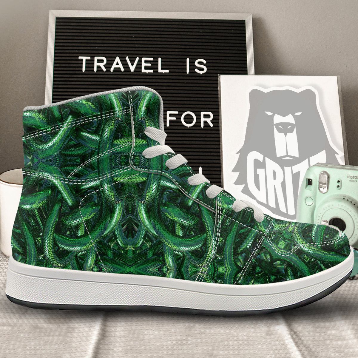 Green Snake 3D Print Pattern High Top Sneakers-grizzshop