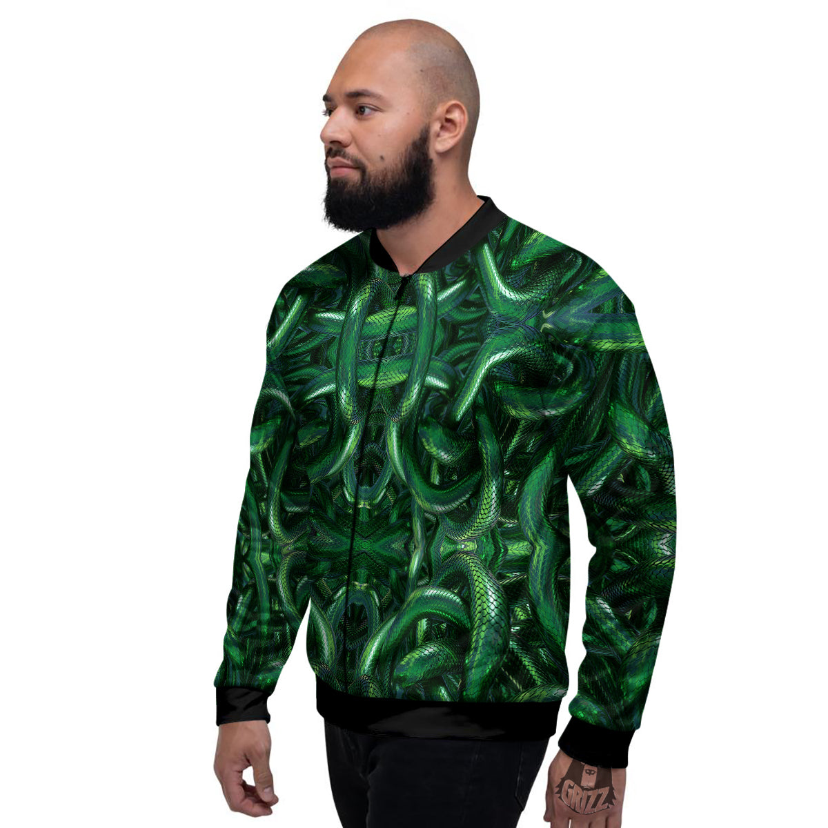 Green Snake 3D Print Pattern Men's Bomber Jacket-grizzshop