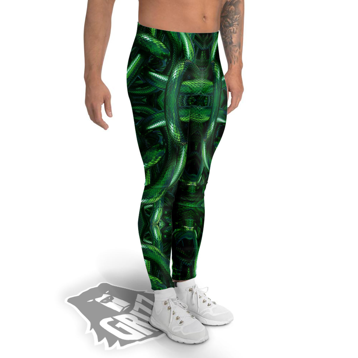 Green Snake 3D Print Pattern Men's Leggings-grizzshop