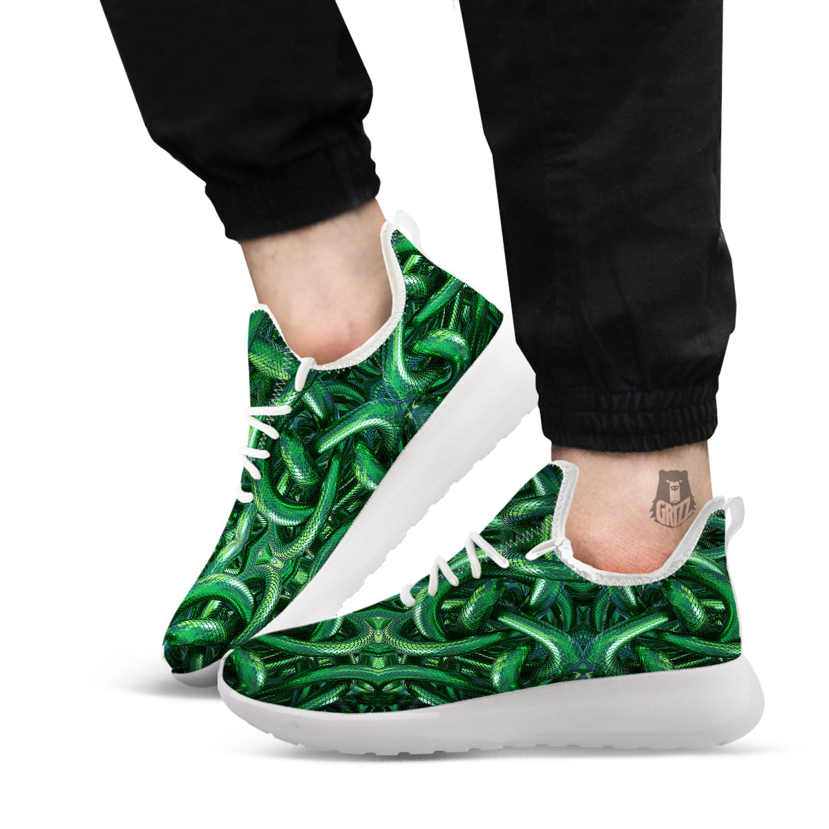 Green Snake 3D Print Pattern White Athletic Shoes-grizzshop