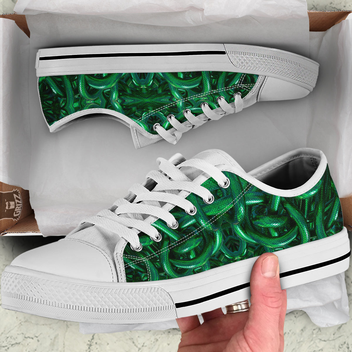 Green Snake 3D Print Pattern White Low Top Shoes-grizzshop