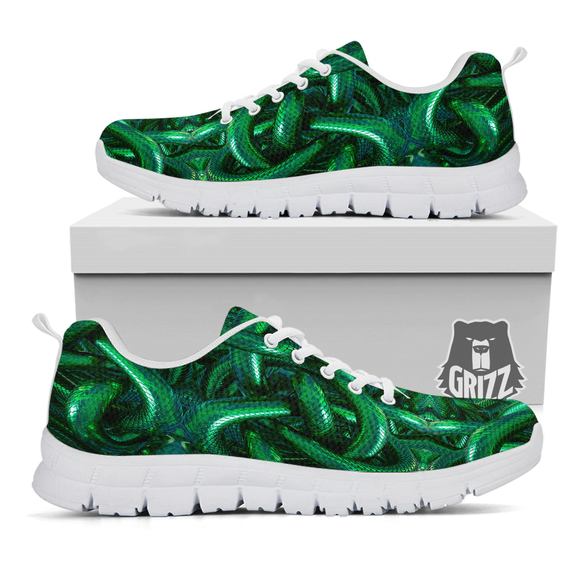 Green Snake 3D Print Pattern White Sneaker-grizzshop