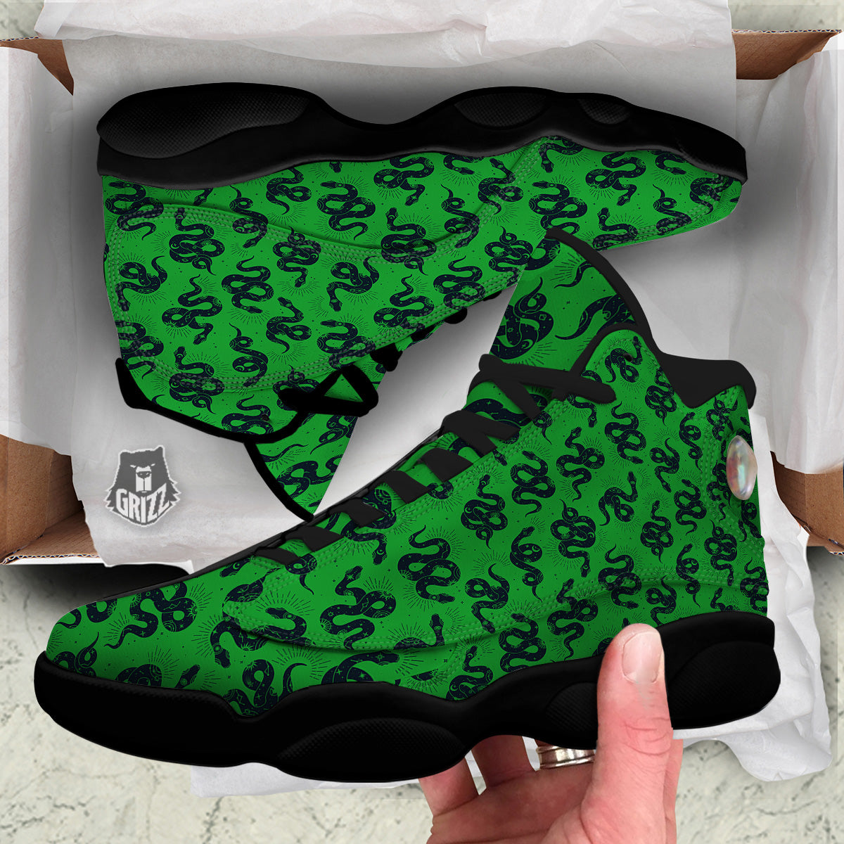 Green Snake Magic Eye Print Pattern Black Basketball Shoes-grizzshop