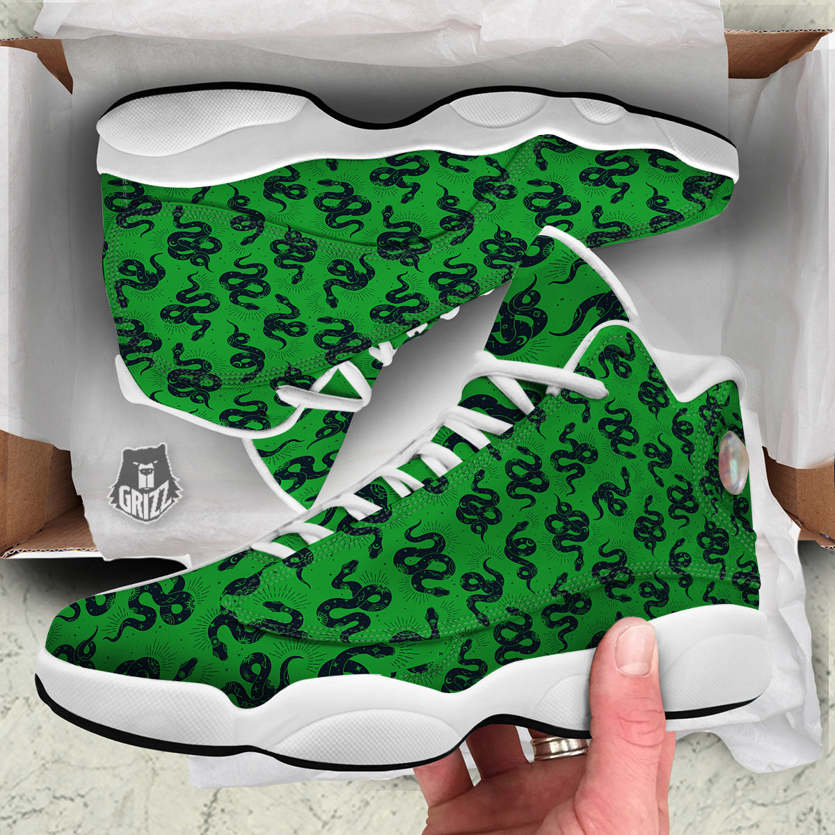Green Snake Magic Eye Print Pattern White Basketball Shoes-grizzshop